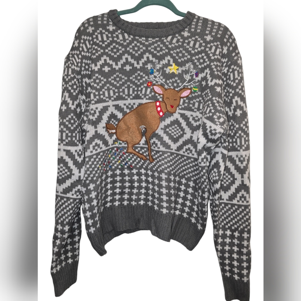 Carbon Grey Knitted Tacky Funny Ugly Christmas Sweater Reindeer Poop Lights XL